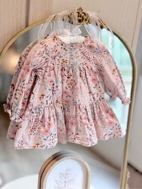 Pink Floral Tiered Long-Sleeve Baby Dress